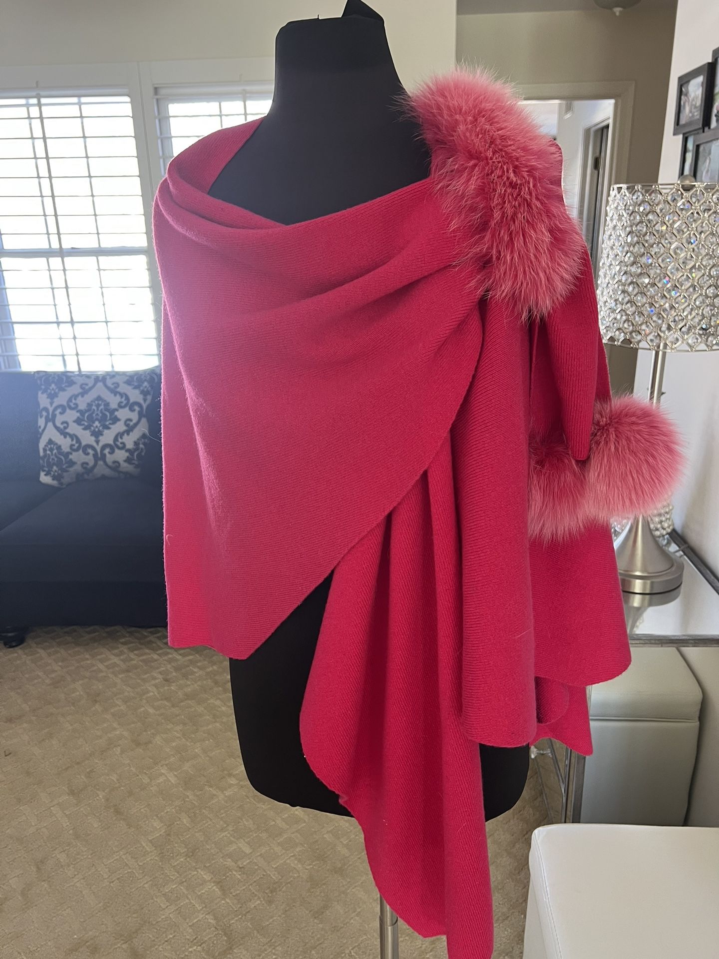 Wool Knit Wrap With Fox Fur Pompoms