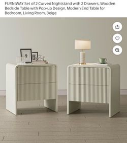 Set of 2 Curved Nightstand with 2 Drawers, Wooden Bedside Table with Pop-up Design, Modern End Table for Bedroom, Living Room, Beige
