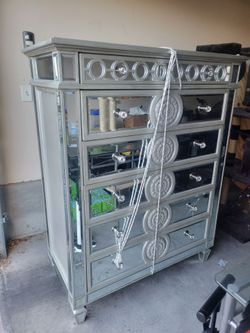 Mirrored Tall Dresser with Crystal Knobs