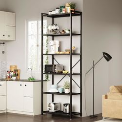 Book Shelf, 6 Tier Tall Bookshelf, Modern Wood Bookcase Shelves for Bedroom, Industrial Display Shelf for Living Room Home Office Kitchen, Standing Sh