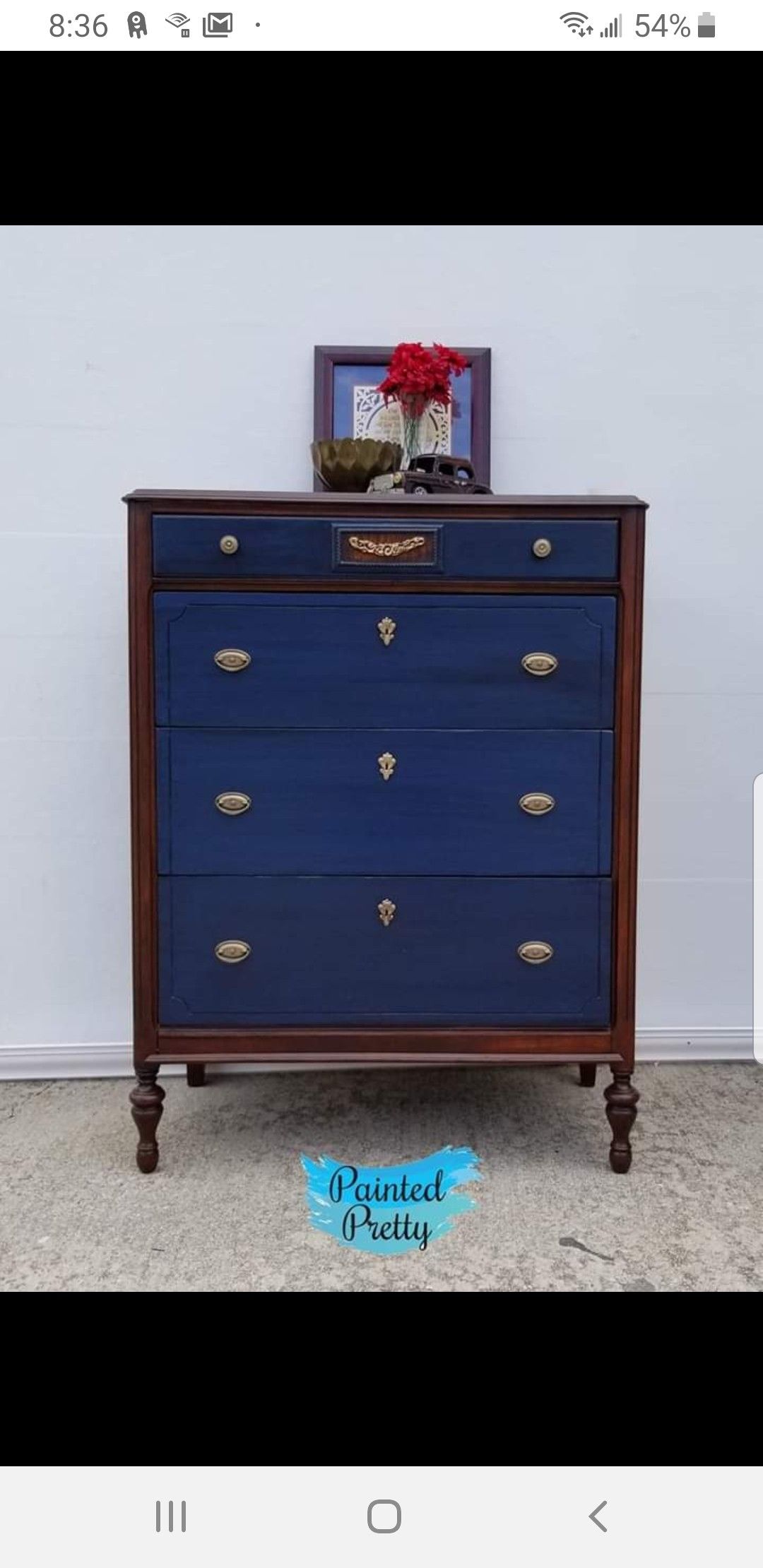 Solid wood vintage dresser, blue with stained wood for two toned look