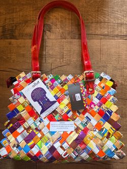 Nahui Ollin Recycled Candy Wrapper Woven Tote Bag Red Handles Colorful