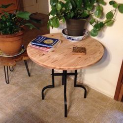 Small Table, Round Wood Top With Metal Base