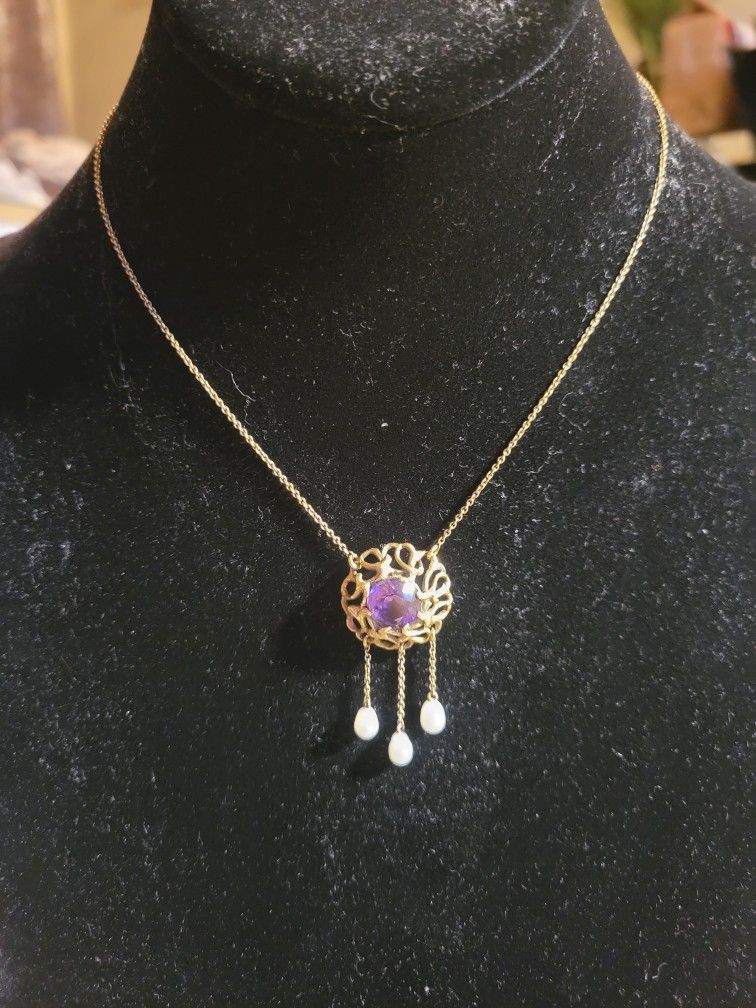 14k Gold (Stamped) Victorian Amethyst With Pearl Necklace