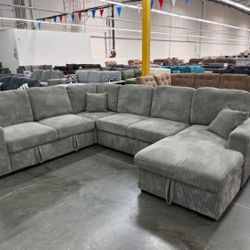  On Sale $659 No Tax ✅X-Large Sectional Sofa With Pullout Bed & Storage Available In Grey Or Dark Grey Corduroy 