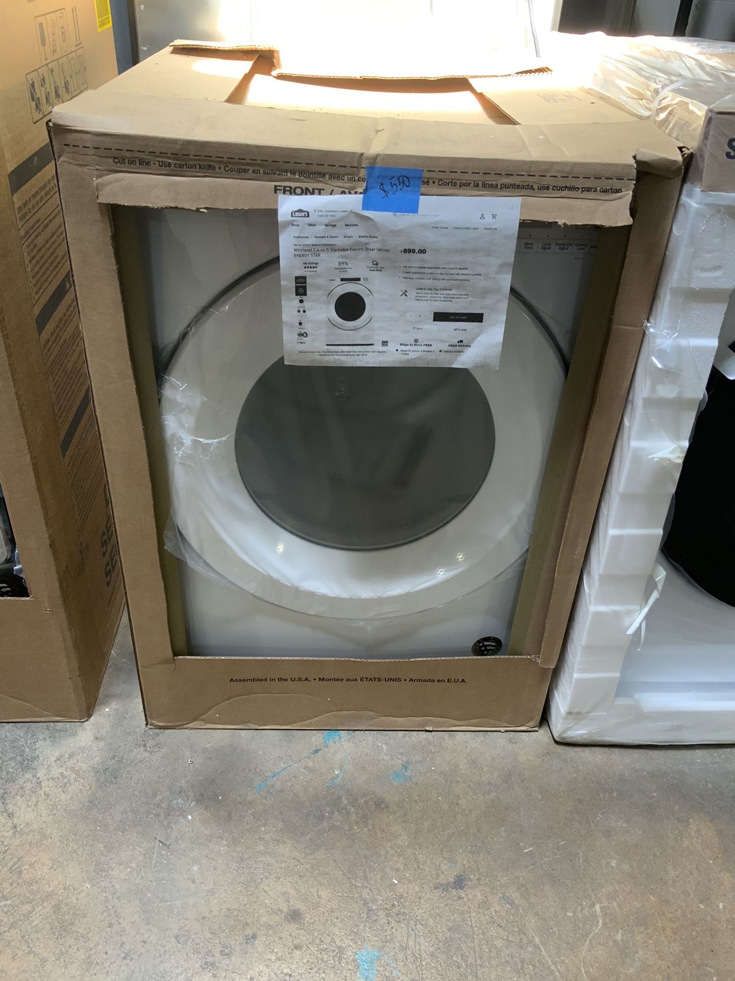 Whirlpool stackable electric dryer $550