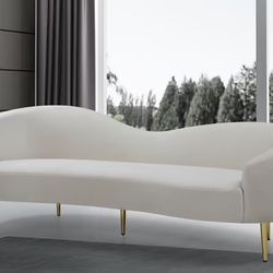 Brand New Meridian Furniture Ritz Collection Modern | Contemporary Velvet Upholstered Sofa With Sturdy Metal Legs in Rich Gold Finish, Cream, 85.5" W 