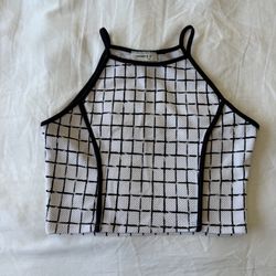🔥 Y2K Minimalist Grid Print Halter Crop Top | Black & White Aesthetic | Size S 🔥