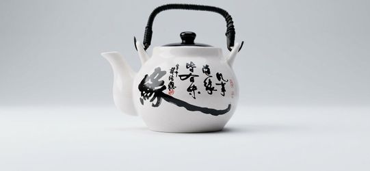 ESTATE SALE Vintage Asian Ceramic Teapot with Calligraphy & Wrapped Handle – Stamped Taiwan