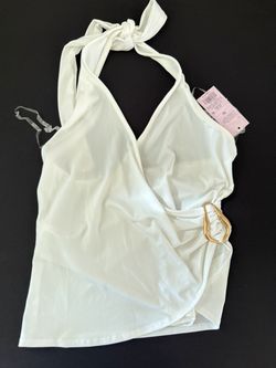White Halter Wrap Top with Gold Ring Detail