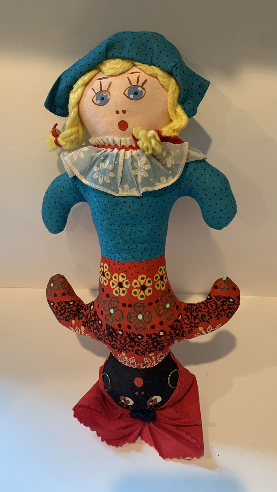 Vtg Topsy Turvy Cloth Doll 2 Sided African American & Caucasian Flip Dress Faces