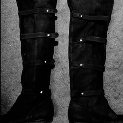 FENDI Black Suede Knee High Boots W/ Gold Pin Straps - Size 8