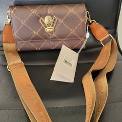 NEW Valentino ORLANDI Brown PATENT Leather Guitar Strap Crossbody & Gold Hardware