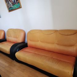 Retro Modern Leather Sofa Set – Bold Orange & Black – 3-Piece