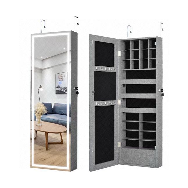 Fashion Standard Gray High-Quality MDF with PVC Surface Jewelry Armoire with LED Lights and Real Glass Mirror