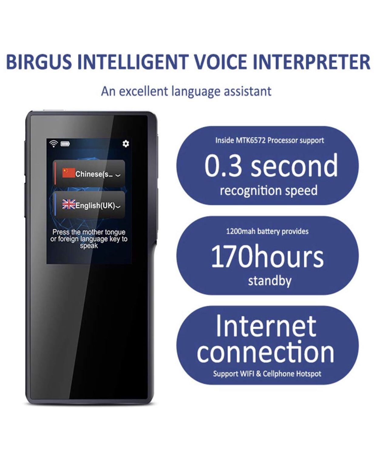 Smart Voice Translator Device,70 Languages Instant Two Way Translation with 2.4 Inch Touch Screen Portable for Travelling Learning Business Shopping