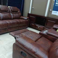 *Tax Time Furniture Event*---Santiago Mature Brown Leather Reclining 3 Piece Sets---Delivery And Easy Financing Available👍