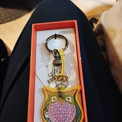 Fossil 3D Leather Stitched Owl Key fob
