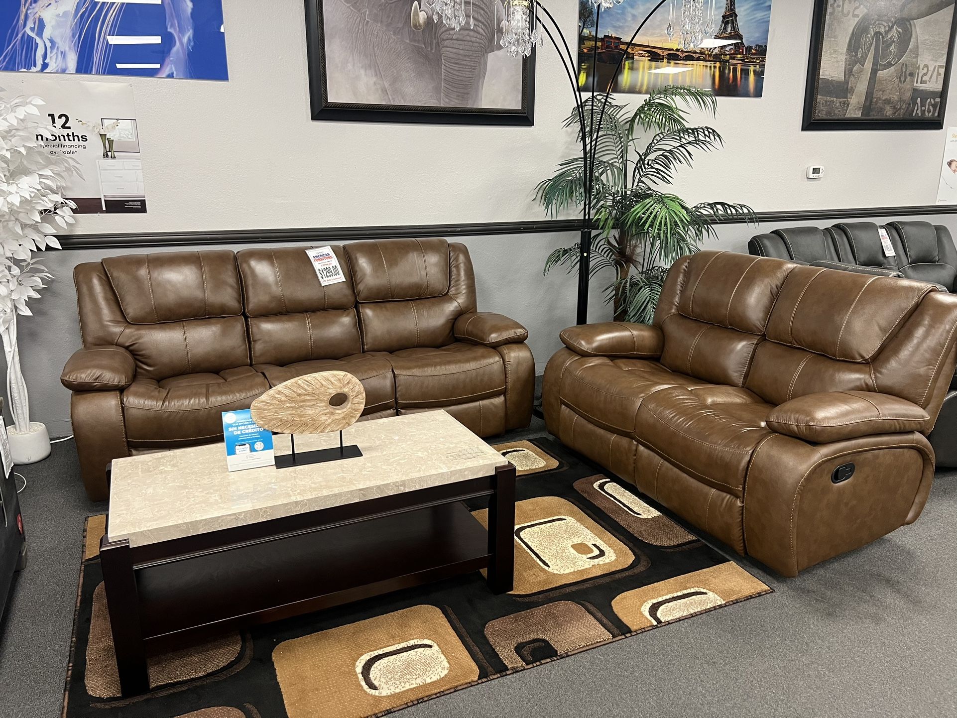 2PC Brown Genuine Leather Sofa & Loveseat