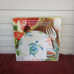 Costco 3 Pc Large Melamine Serving Set Salad Platter Bowl Turtle Spoon Fork