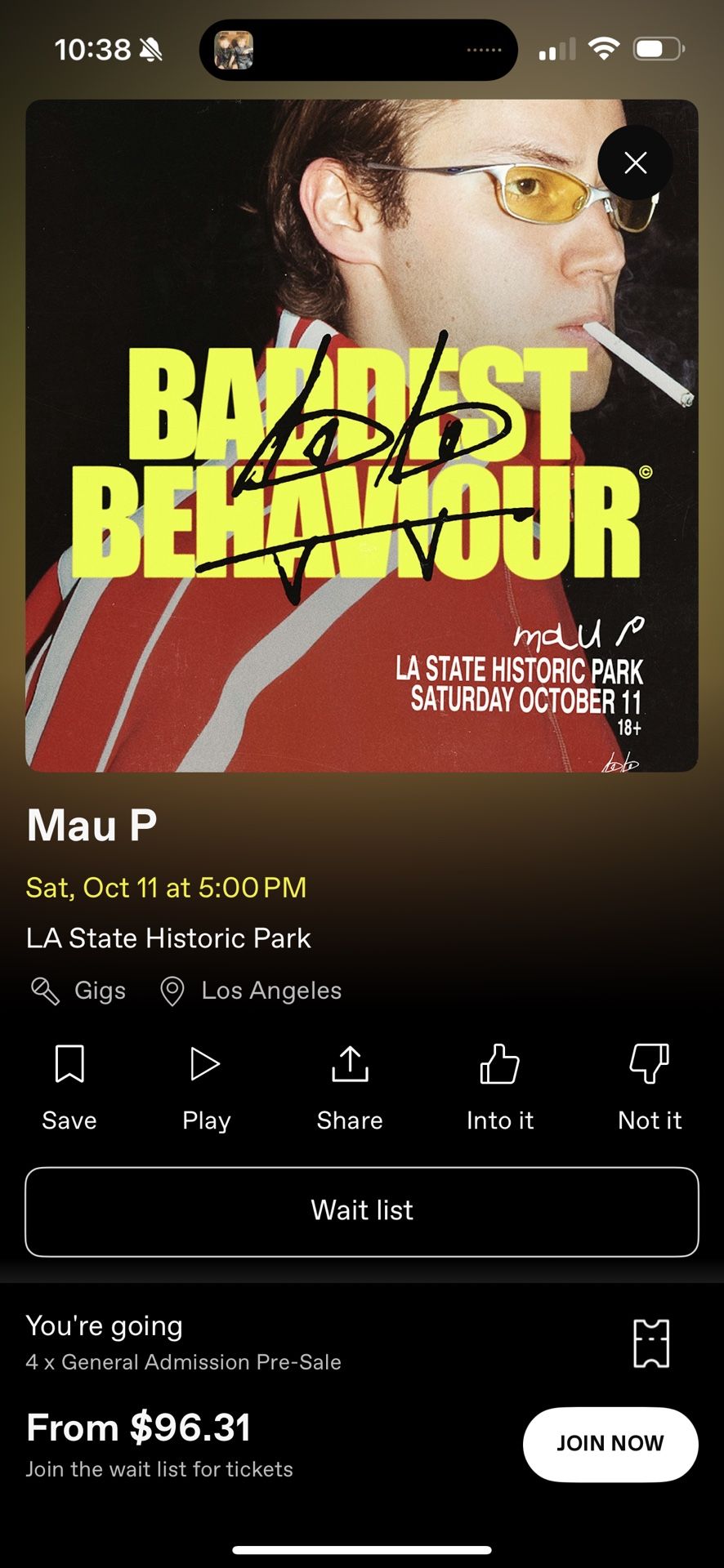 MAU P - LA Historic park 10/11 - 4 Tickets