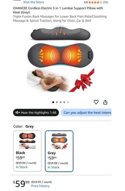 CHANCEE Cordless Electric 3 in 1 Lumbar Support Pillow with Heat (Grey)