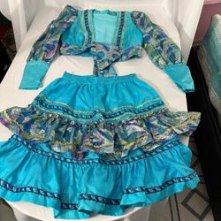 Vintage Handmade 2-Piece Folk Dance Costume Set Turquoise Silver Metallic Tiered Ruffle Skirt Cropped Bolero Jacket