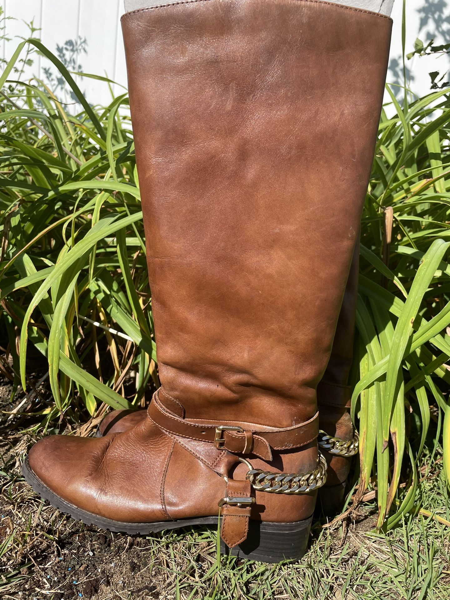 Aldo Bahr authentic brown leather chain style calf high riding Boots size 8 women's