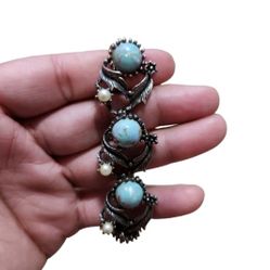 Vintage Silver Toned Floral Turquoise Pearl Bracelet