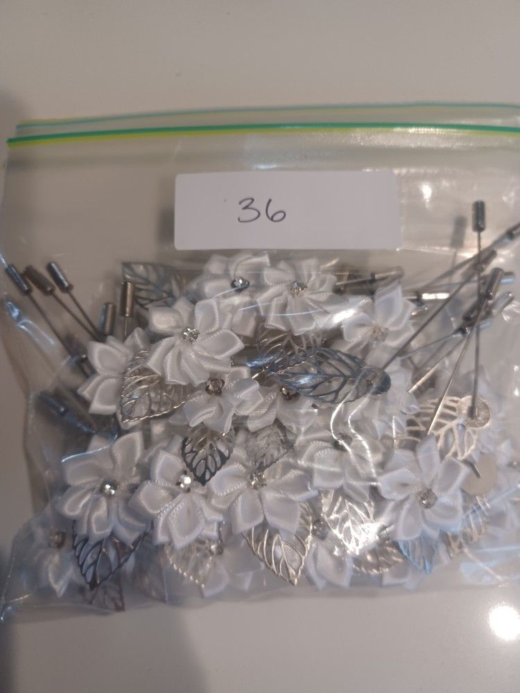 Flower Lapel Pins and Flower Petals (Burgundy/Red, White, Silver/Grey)