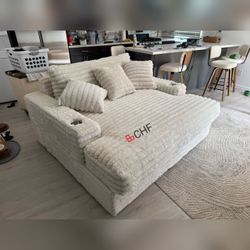 White Jumbo Corduroy 2 Arm Chaise Sofa 