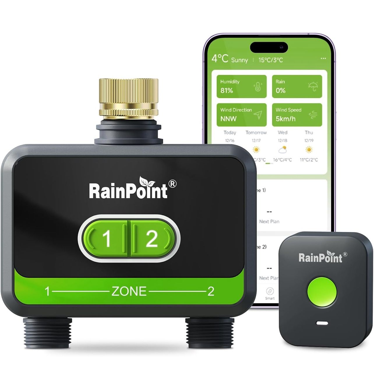 RainPoint WiFi Water Timer for Garden Hose with Brass Inlet, 2-Zone Smart Hose Timer, WiFi Irrigation Controller, Automatic Sprinkler Watering System 