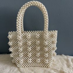Beaded Woven Faux Ivory Pearl Tote Bag