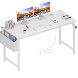 White Computer Desk with Power Outlet, 40 Inch Teen Study Table Home Office Work
