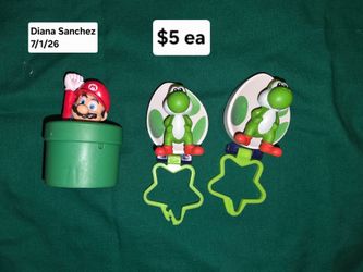 For Sale:
Yoshi figure is a 2026 McDonald's Happy Meal toy from The Super Mario Galaxy Movie
2022 McDonalds Super Mario Warp Pipe toy featuring Mario