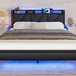 Furnulem Queen Size Bed Frame with Headboard and LED Lights, Upholstered Bedframe with Charging Station and USB Port, Platform Metal Bed Frames, No Bo