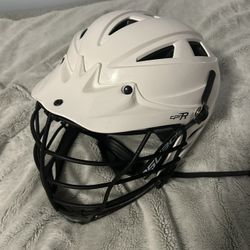 Cpv-r cascade white lacrosse helmet with a black cage and black chinstrap.
