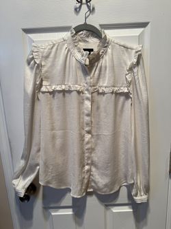 Ann Taylor Cream Ruffle-Front Long Sleeve Blouse