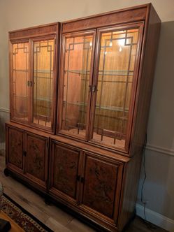 Vintage Henry Link Mandarin Burl China Cabinet Lighted Hutch (5-pieces)