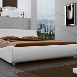 White Faux Leather King Size Platform Bed Frame