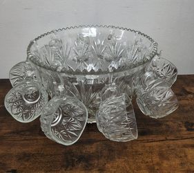 Vintage clear pressed-glass punch bowl set