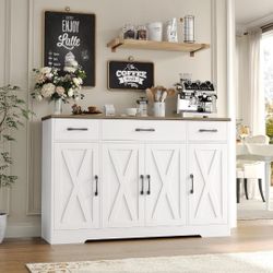55" Farmhouse Sideboard Buffet Cabinet with Drawers Shelves 4 Doors Storage Table,White/Black