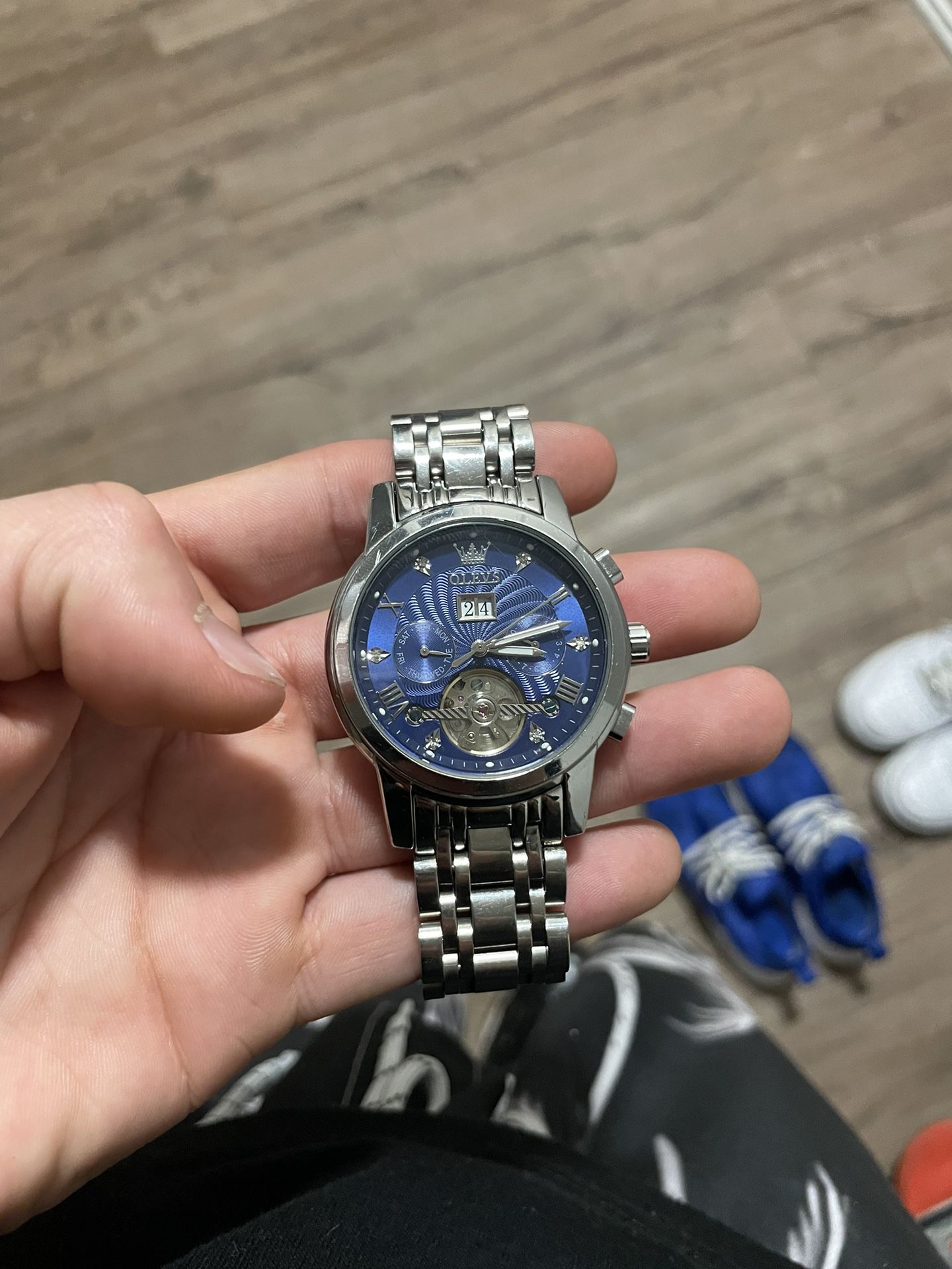 OLEVES Silver Crown Watch Men