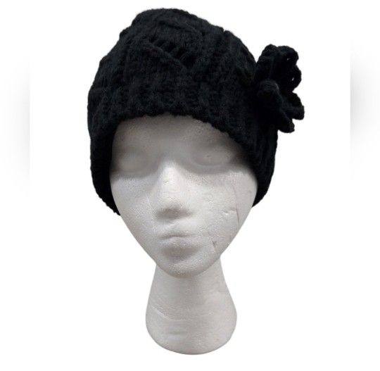 Chaos Black Knit Beanie with Flower Accent