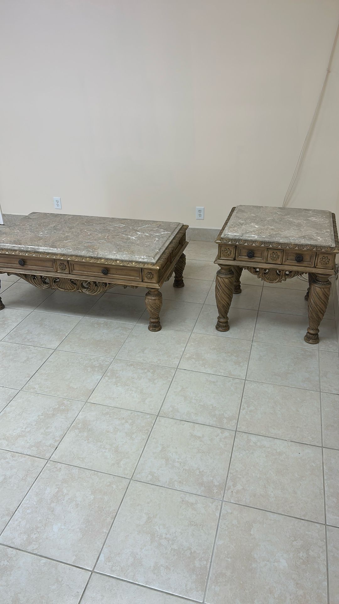 2 Marble Coffee Tables Antique Wood