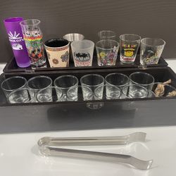New 21 Pcs Shot Glasses With Wood Case And Stainless Steel Ice Tongs