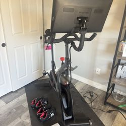 Peloton Bike With 3 Lb Weights & 2 Pr of Shoes For Sale