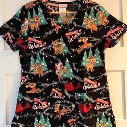 Rudolph the Red Nosed Reindeer Scrub Top Womens XS Black AOP Short Sleeve V-Neck