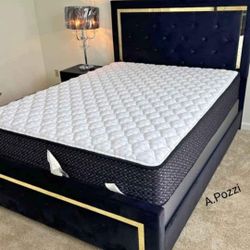 AP- Black/Gold Panel Upholstered Bedroom Set- 4-Piece (Bed, Dresser, Mirror, Nightstand)Fast Delivery - Financing 