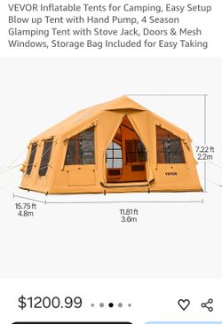VEVOR Inflatable Tents for Camping, 8-12 Person Easy Setup Blow up Tent with Hand Pump, 4 Season Luxury Glamping Tent with 2 Skylights, Canopy, Stove